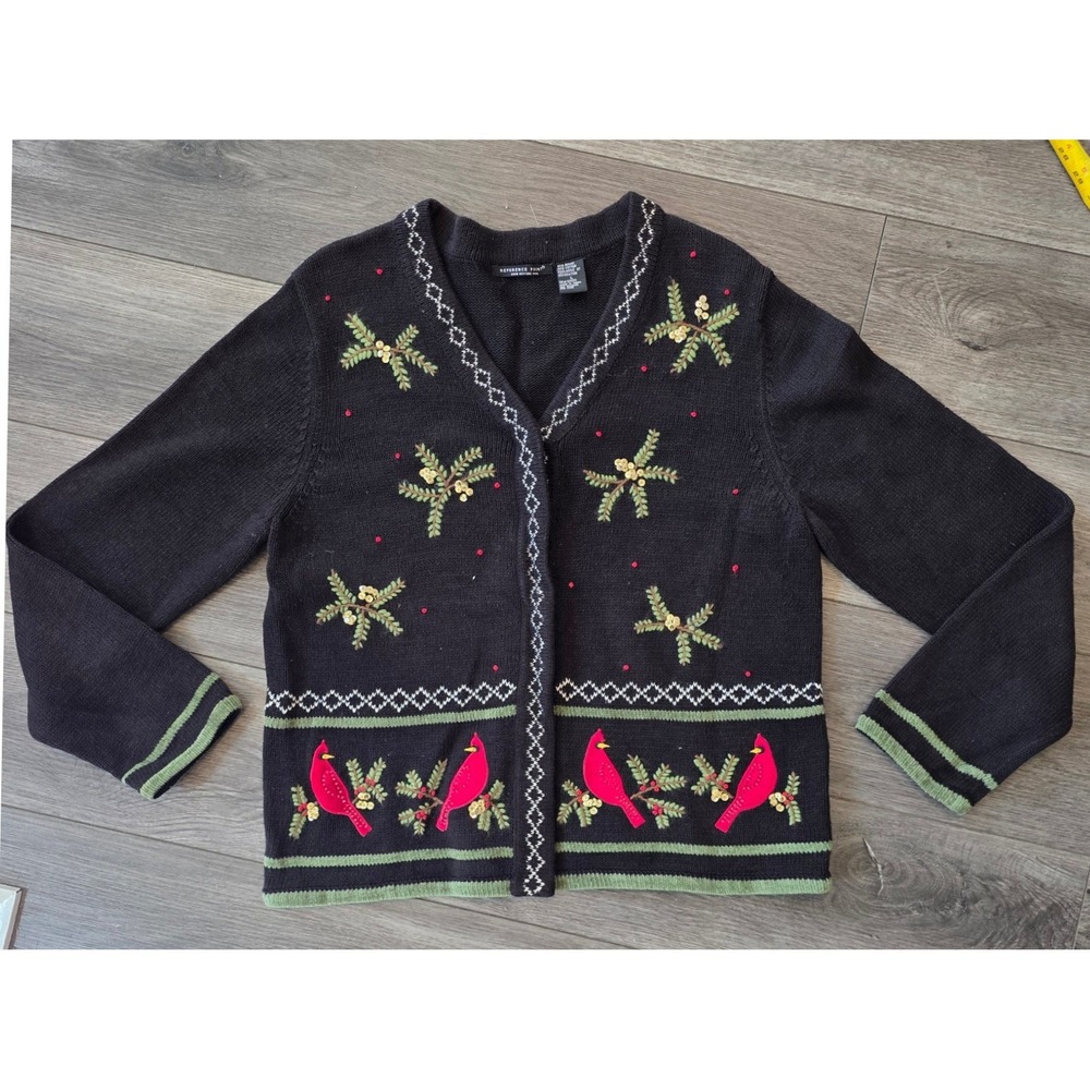 Reference Point Womens L Cardigan Sweater Black Cardinal Christmas Holiday